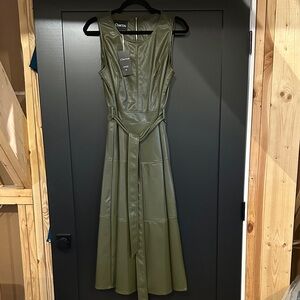 Chartou Olive Green Faux Leather Maxi Dress with Self-Tie Belt
